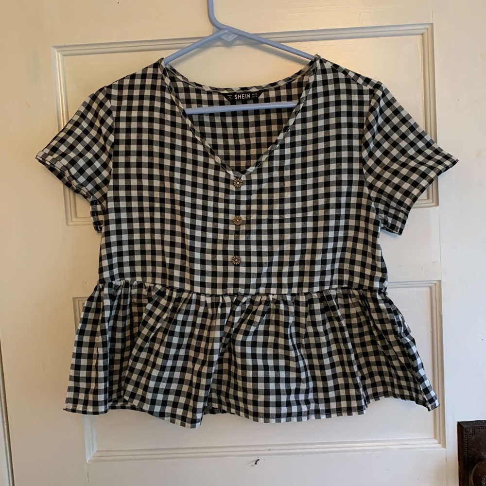 SHEIN black and white checkered blouse.